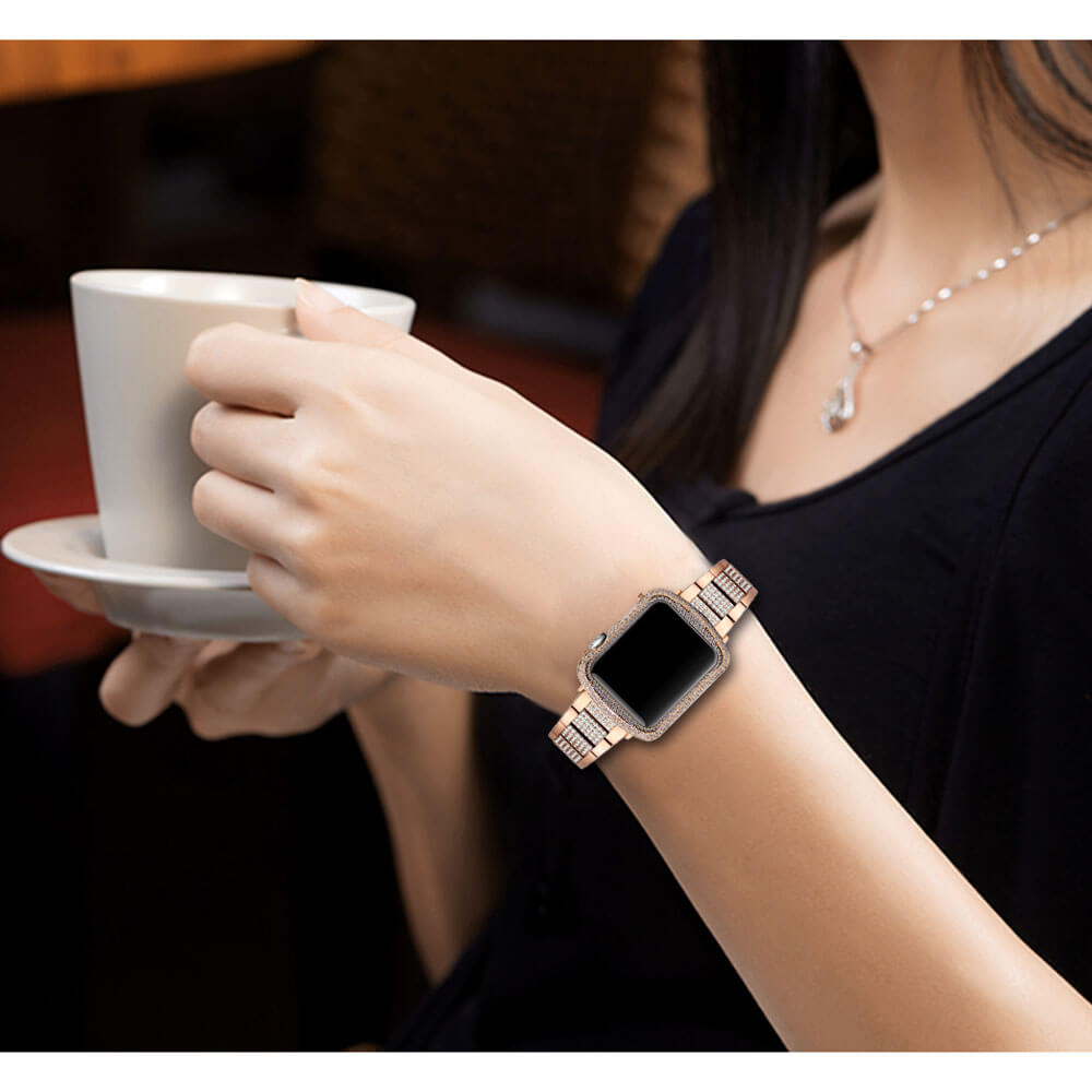 Rose gold shiny crystal rhinestones alloy apple watch case